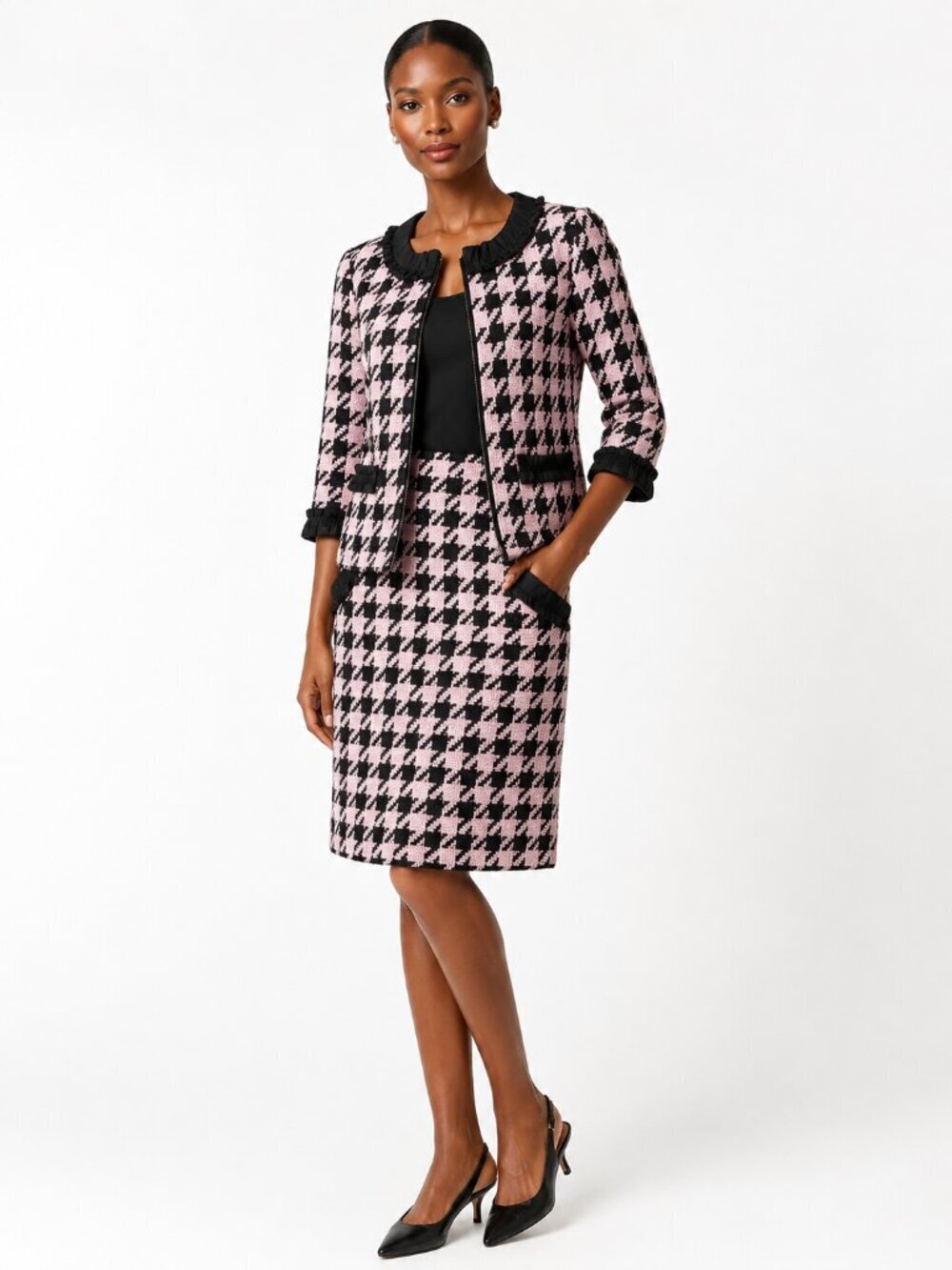 Jade Melody Tam Pink Houndstooth Tweed Jacket Skirt Set Size S/6